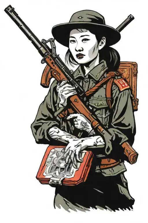 China Guerilla Soldier Rifle Girl Standing Holding Red Book