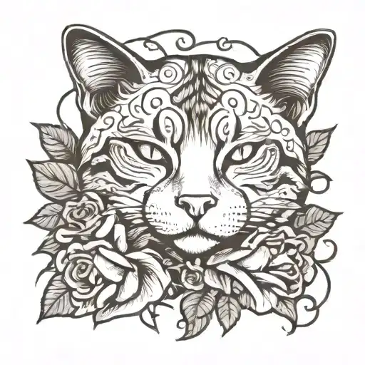 Cat Sleeping Roses Surrounded