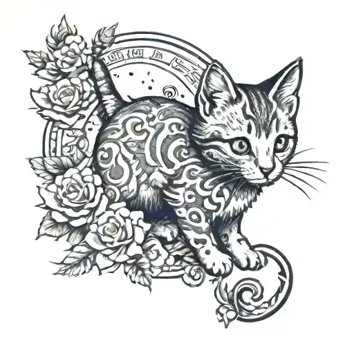 A Black-grey Tattoo Of A Kitten Playing With A Bell Under A Full Moon With Intricate Floral Details