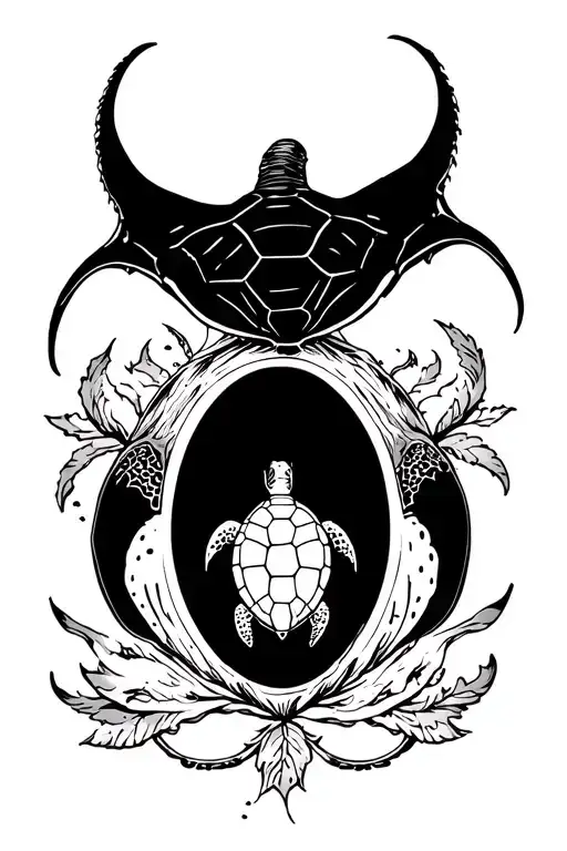 Manta Ray With Turtle Inside Surrounded