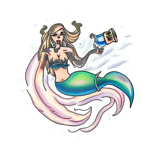 Mermaid With Tattos Drinking Rum