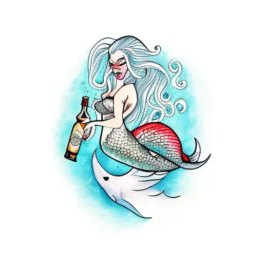Mermaid With Tattos Drinking A Bottle Of Rum