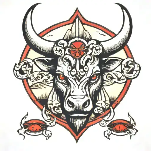 Taurus Zodiac Sign Top Left Chest Piece With Red Eyes And Mountains No Roses