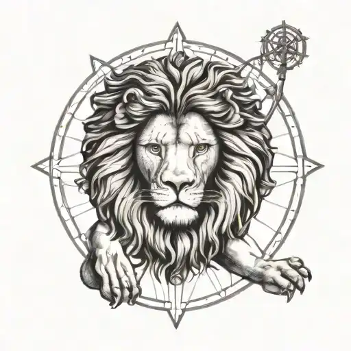 Lion Vitruvian Man In The Background Black And White