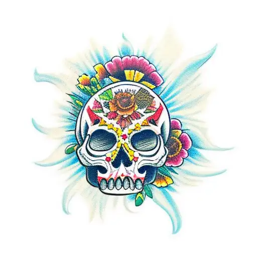 Calavera Skull With Marigold Flowers And Colorful Details