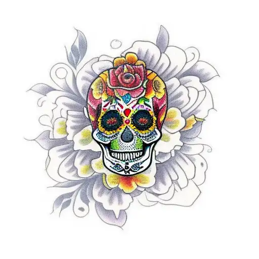 Sugar Skull With Marigold Flowers And Colorful Details