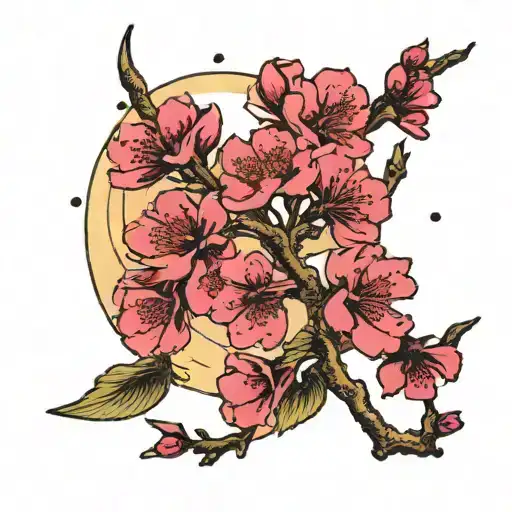 Sakura Branch With Flowers With Moon Offset In Background