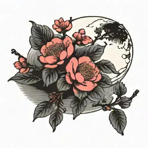 Sakura Branch With Flowers With Moon Offset In Background