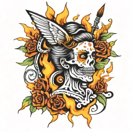 Shull Surrounded By Shapes With A Fairy Hold Paint Brushes On Fire