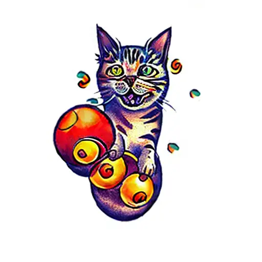 A Colorful Orange Cat Roaring Like A Leon Surrounded By Paper Balls Flying Around The Cat