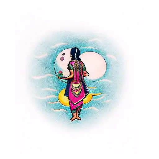 Back Of Bengali Girl In Cultural Clothing Holding Flower To Moon