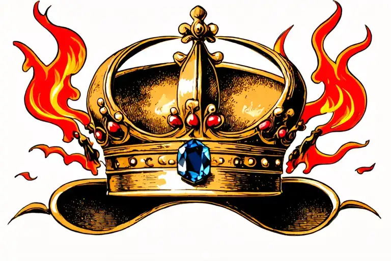 A Small Crown With A Sapphire In The Middle Surrounded By Flames
