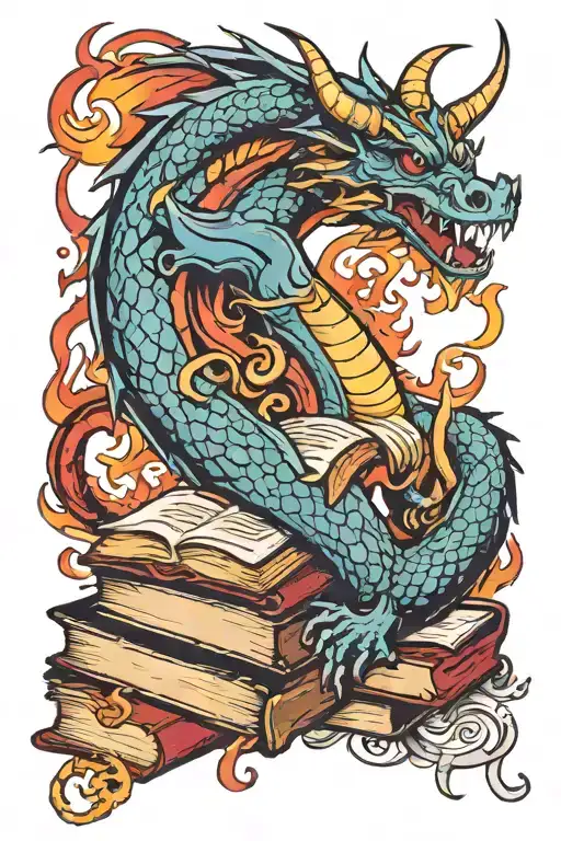 Dragon And Books With Flames