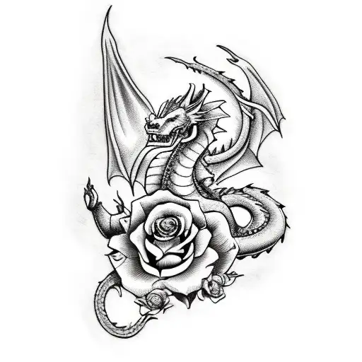 Sad But Powerfull Dragon With Roses