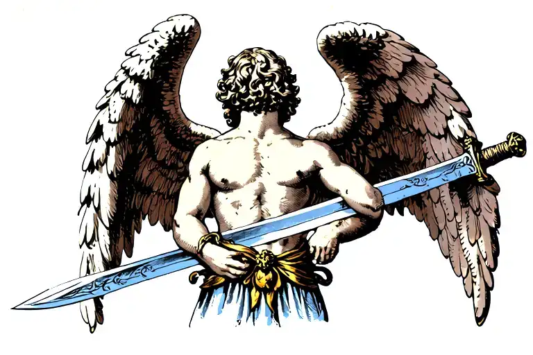 Angel Holding A Sword Over His Back