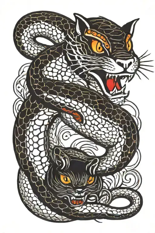 A Cobra Snake And A Black Cat With Only Red Eyes