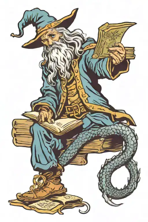 Wizard Reading A Book With Dragon Intertwined On Back Of Arm Above The Hand