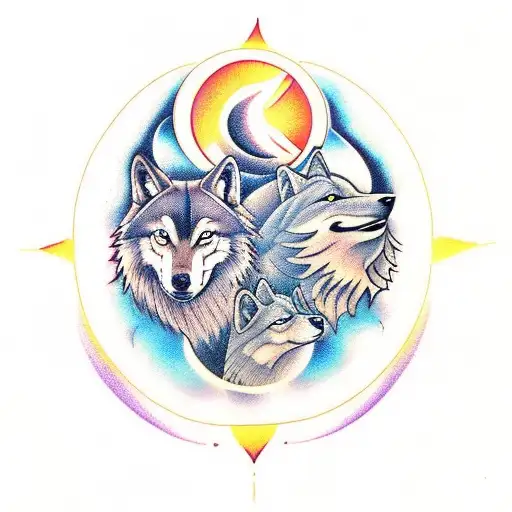Two Wolf One With A Sun Another With A Moon