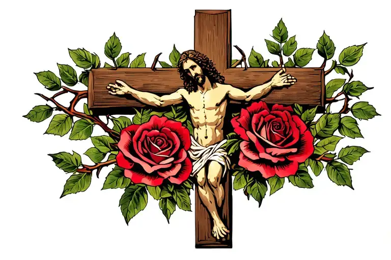 Jesus Cross Surrounded By Roses And Thorns