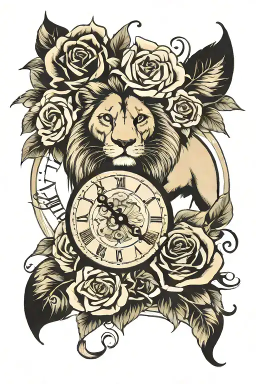 Lion And Roses And Ancient Clock Face