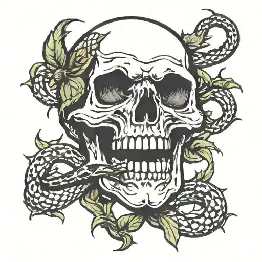 Skull Biting Vines With A Snake Intertwined