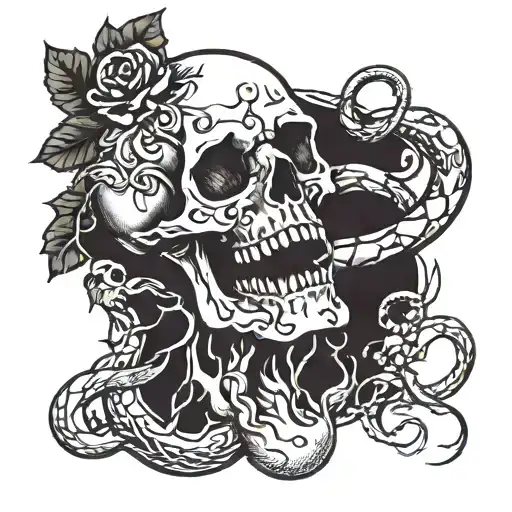 Skull With Vines In Its Teeth And A Snake