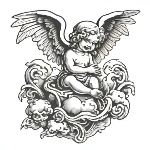 Cloud With Cherub Baby Angel On Top And Grim Reaper Peak Out The Bottom