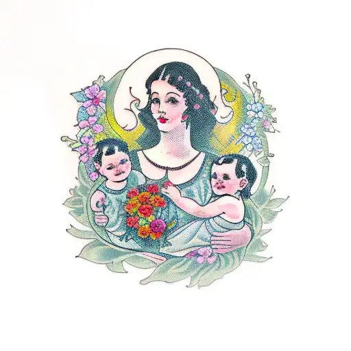 A Traditional Style Tattoo Of A Mother And Children Surrounded By Flowers