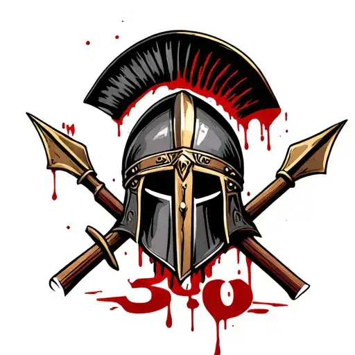 Bloody Spartan Helmet With 2 Spears Crossed And Bloody 300 Number Bellow