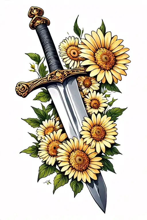 A Sword Themed Tattoo That Goes Down My Spine Tattoo With Daisies