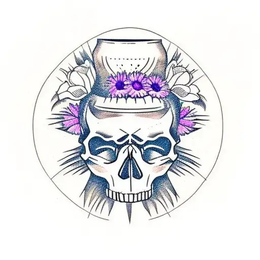 Skull Of A Racoon With Morning Glory Flower In Antique Bottle Vase And Aster
