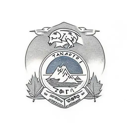 A Traditional Tattoo Of A Scout Emblem With Canadian Wildlife And A Camping Tent