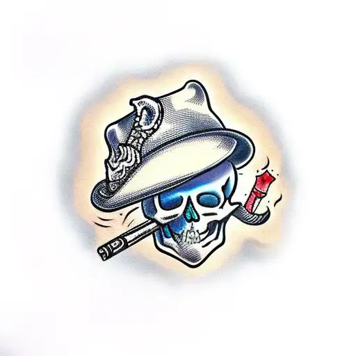 Smoking Skull Whit Hat And Up Rhe Hat A Blue Buterfly
