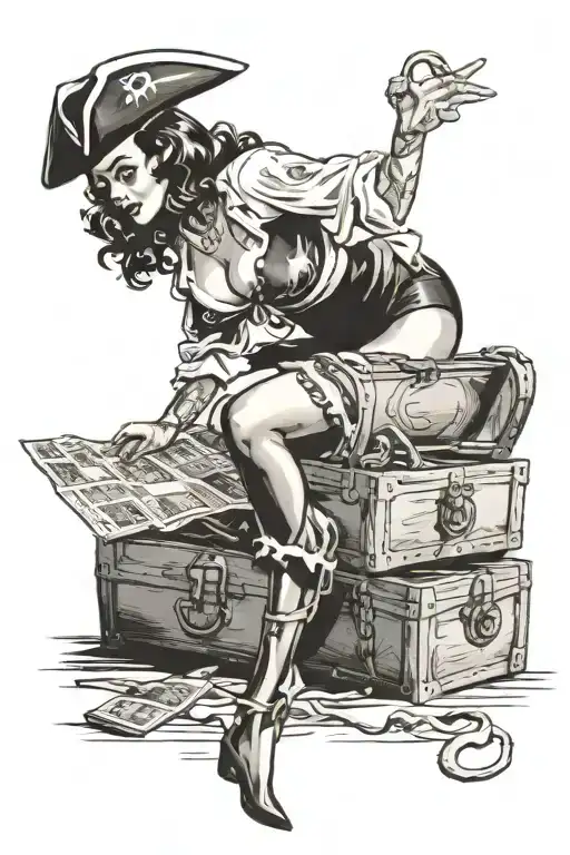 A Voluptuous Pirate Pinup Girl Bent Over Looking Into A Treasure Chest