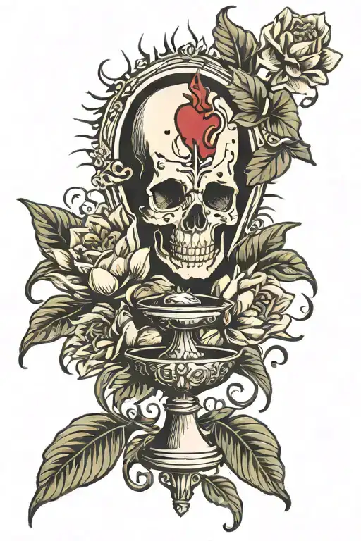Sacred Heart Bleeding Into Chalice With Skull Base With Water Lily Accent