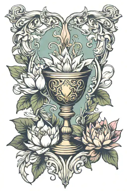 Sacred Heart Bleeding Into Chalice With Water Lily Accent