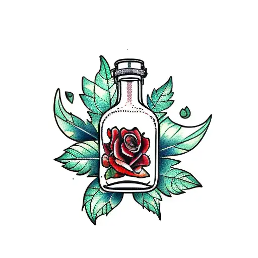 Rose In A Bottle With Flowers And Leaves On The Bottom