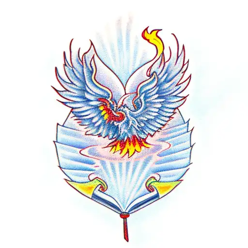 Red Orange And Yellow Phoenix Wings With Burning Book In The Middle