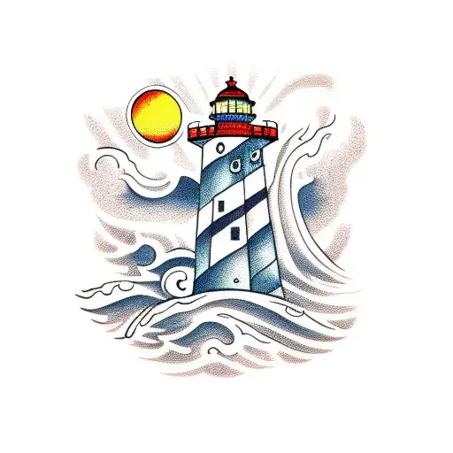 Lighthouse With Stormy Sea And Sharks