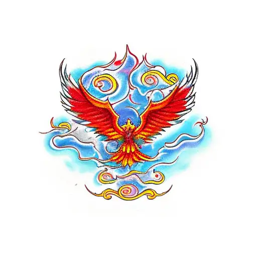 Red Orange And Yellow Phoenix Wings With The Chinese Symbol For Fire In The Middle