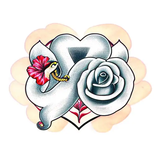 Snake With Rose And Hibiscus In A Heart