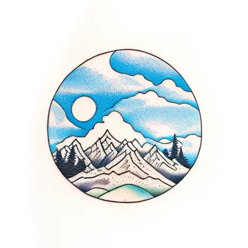 Blue Sky With Mountain Range With Trees And Bears
