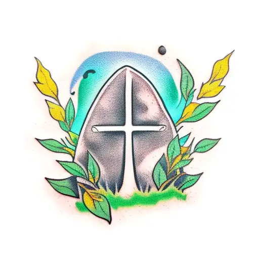 Cracked Gravestone With Black And Yellow Leaves Surrounding It