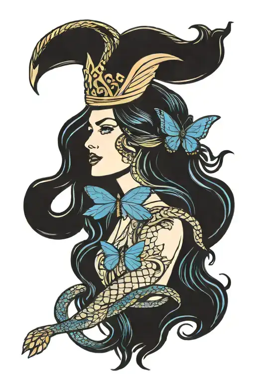 Woman With A Golden Crown With Long Hair With A Snake On Her Body And A Blue Butterfly In Her Hand