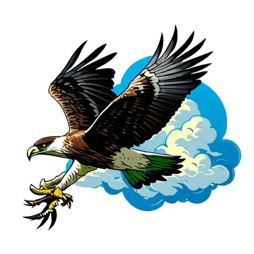 Osprey Hawk Swooping Green And Blue Colors With Clouds