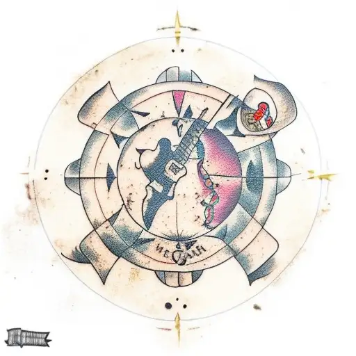 An Ancient Treasure Map With A Guitar At The Center