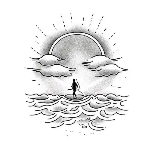 A Minimalist Tattoo Of A Person Walking On A Beach With The Sun And Clouds In The Background