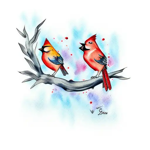 A Tattoo Of Two Watercolor Cardinals Sitting On A Branch