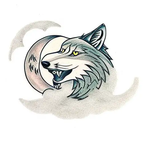 A Traditional Style Tattoo Of A Wolf Howling At The Moon On A Trail