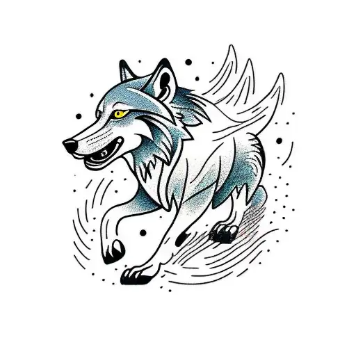 A Traditional Style Tattoo Of A Wolf Running Through A Forest Trail Side Profile Mountains In B